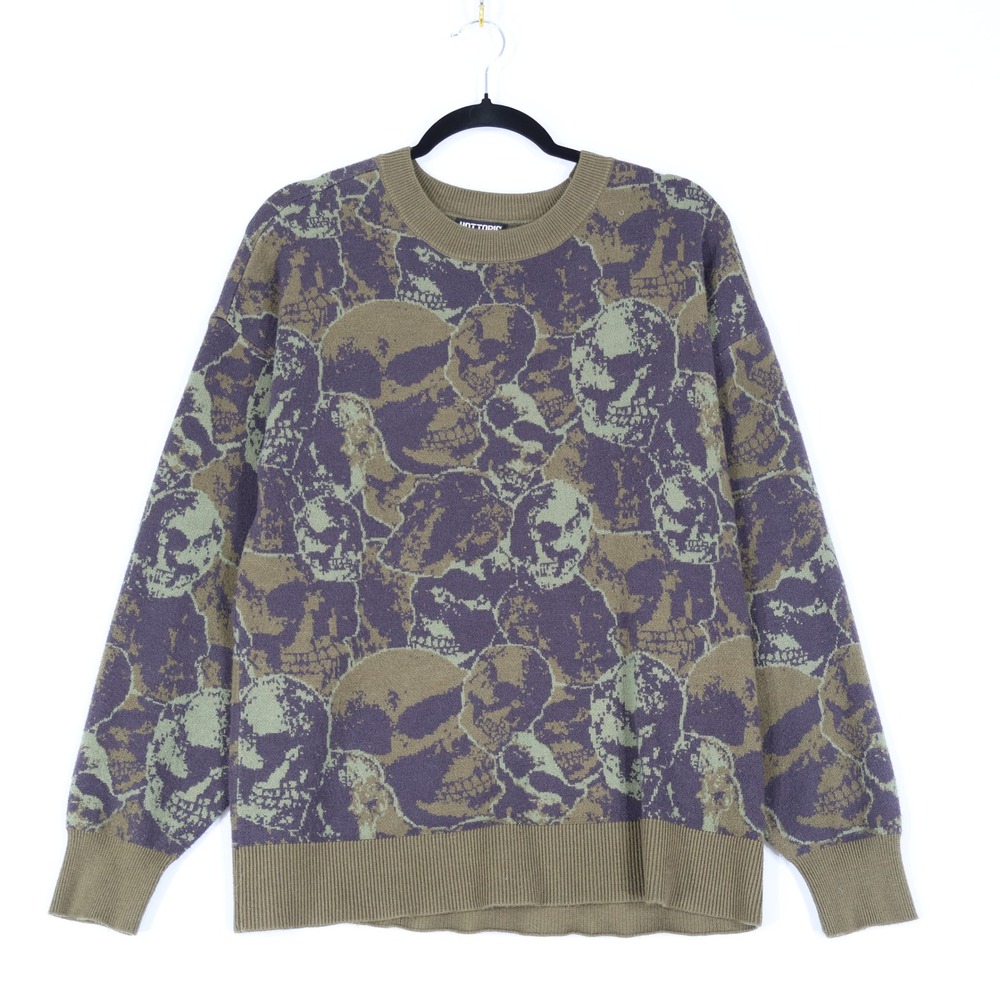 Hot Topic Skull Sweater Mens SM Green Grunge Goth Emo Camouflage Camo Soft
